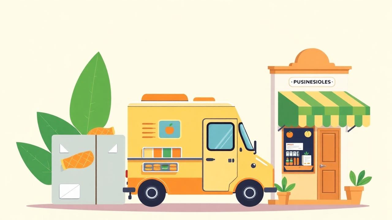 Illustration of BemBom delivery, food truck and store