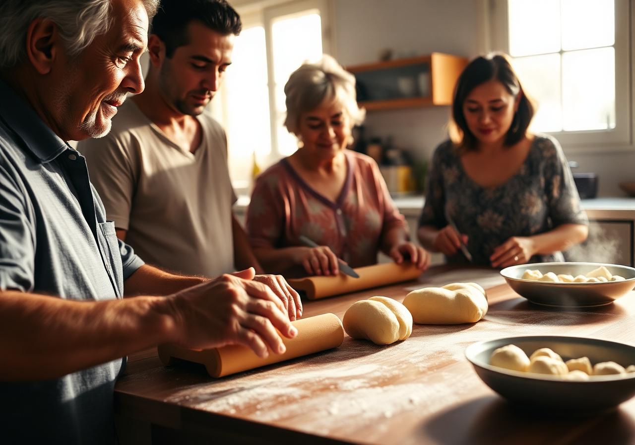 Three generations of the BemBom family preparing dough together